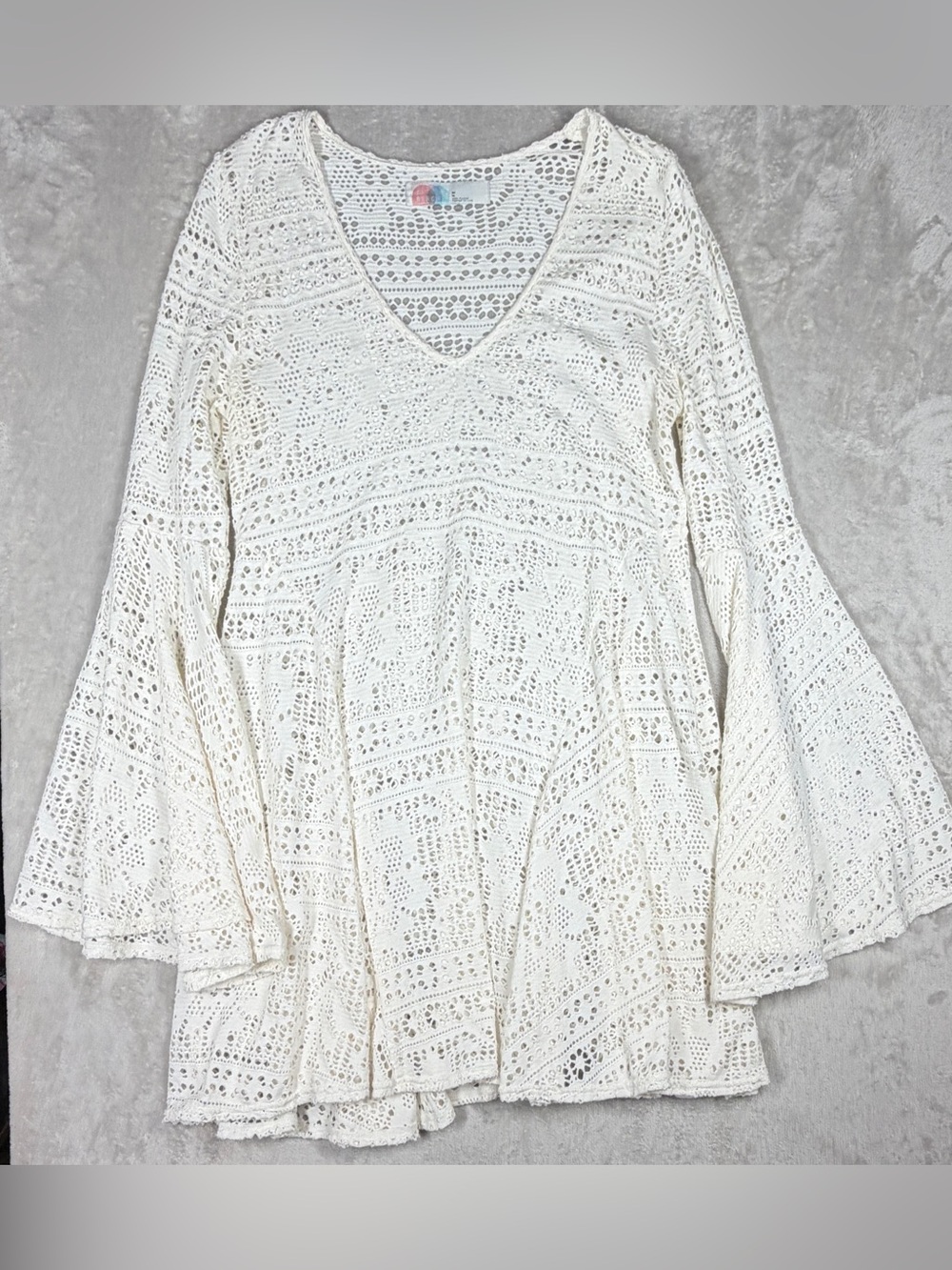 Free People Beach Cream Open Knit Bell Sleeve V Neckline Mini Dress Medium